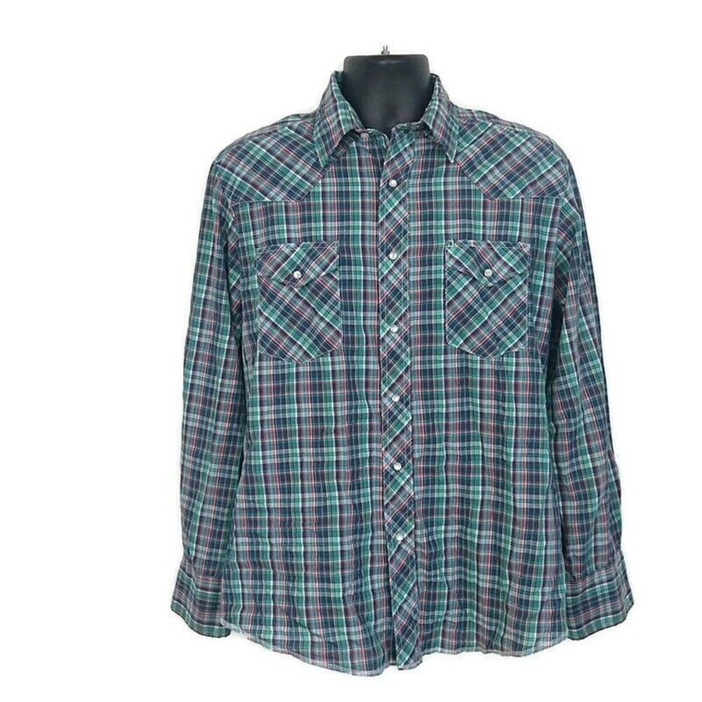 💥5/$25 Wrangler Mens L Western Shirt Blue Plaid Pearl Snap Front Long Sleeve
